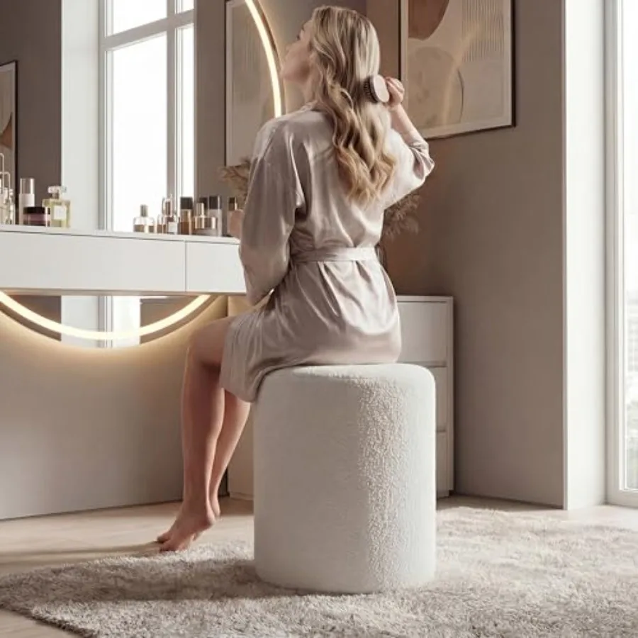 

Modern Round Vanity Stool Small Ottoman Cute Fabric Foot Stool Teddy Fleece Footrest Upholstered Vanity Chair Stool for Makeup