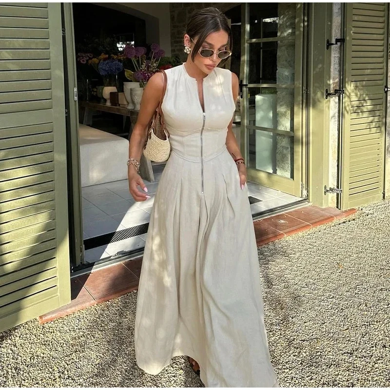 Summer Elegant Solid Sleeveless Women Maxi Dress Fashion V-neck Zipper Slim 2024 Office Lady Commuting Robe