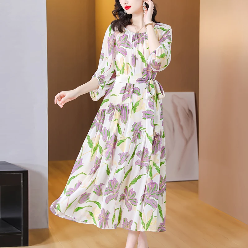 

2023 Spring/Summer New Holiday Style Purple Print Dress O-Neck Loose Large Waist Belt Fold Silk Satin Over Knee Long Dress