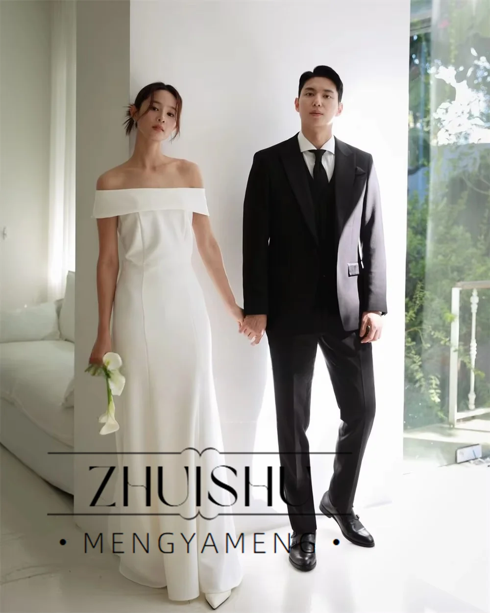 Elegant Ivory Wedding Dress Off Shoulder Bridal Photo Shoot Dress Mermaid Long Korea Bridal Gown Corset Customized 웨딩드레스