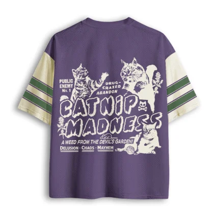 Catnip Madness Vintage Cat Print Men V Neck Mesh Jersey Retro Animal Graphic Short Sleeve Top