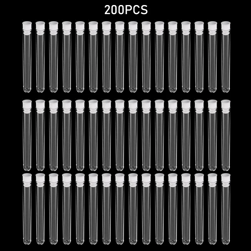 200Pcs/Pack 12x100mm Transparent Laboratory Clear Plastic Test Tubes Vials With Push Caps School Lab Supplies