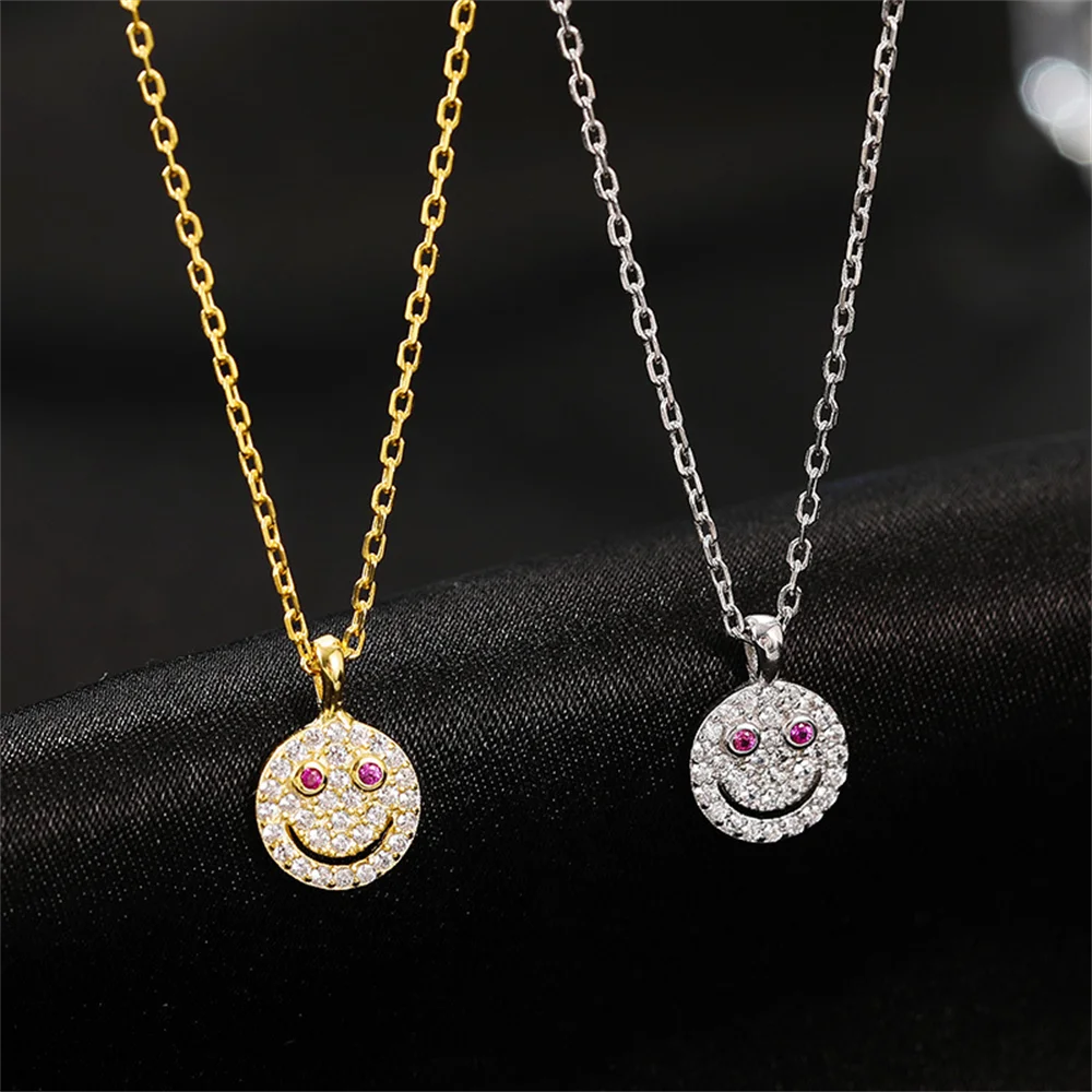 

Korean S925 Sterling Silver Women's Collarbone Chain, Micro-Inlaid Full-Diamond Smile, INS Street Style Niche Sweater Chain