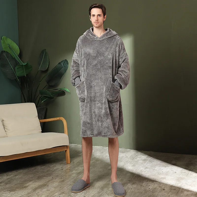 Autumn And Winter Hooded Pullover Loose Lazy Blanket Men And Women Plus Size Flannel Pajamas Can Be Worn Outside Home Clothes