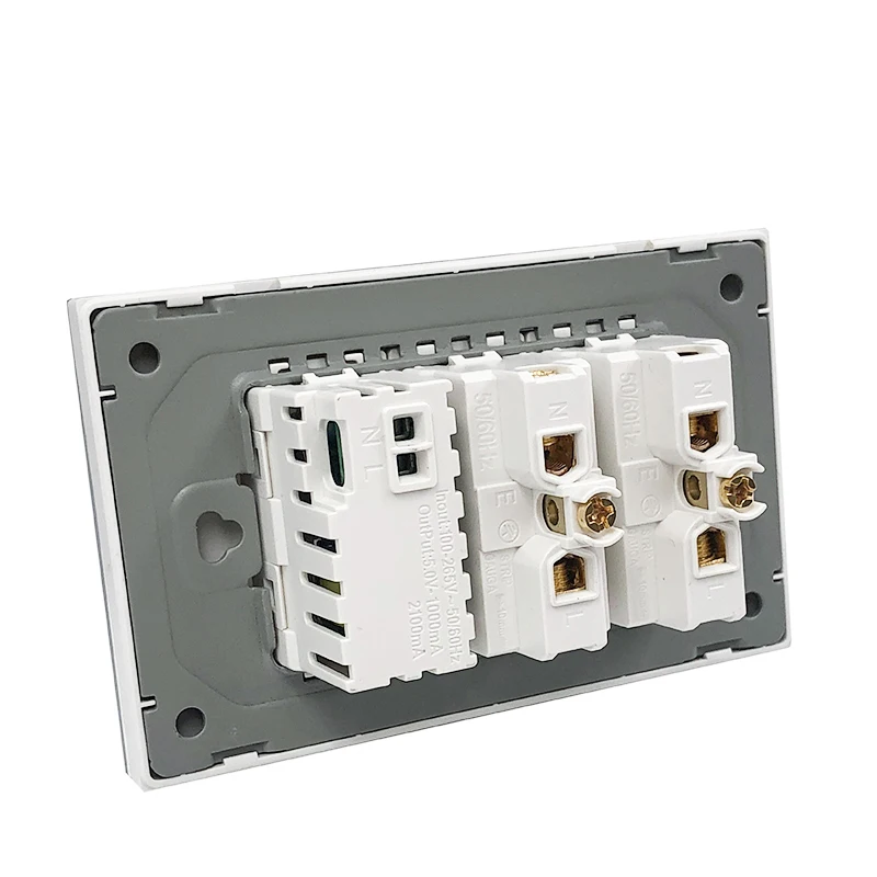 EU Italy Chile Glass Panel Wall Power Socket Switch, Quick Charge USB Type-c 5V 2100mA TV, Phone, Computer Power Socket