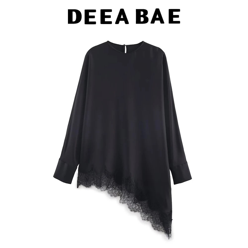 

DEEABAE Winter new women's clothing minimalist style round neck long sleeved asymmetrical hem lace trimmed shirt