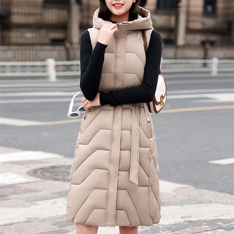 Women's Korean Mid Length Cotton Vest 2023 New Autumn Winter Slim Jacket Cotton Coat Vest Female Warm Vest Cardigan Solid color