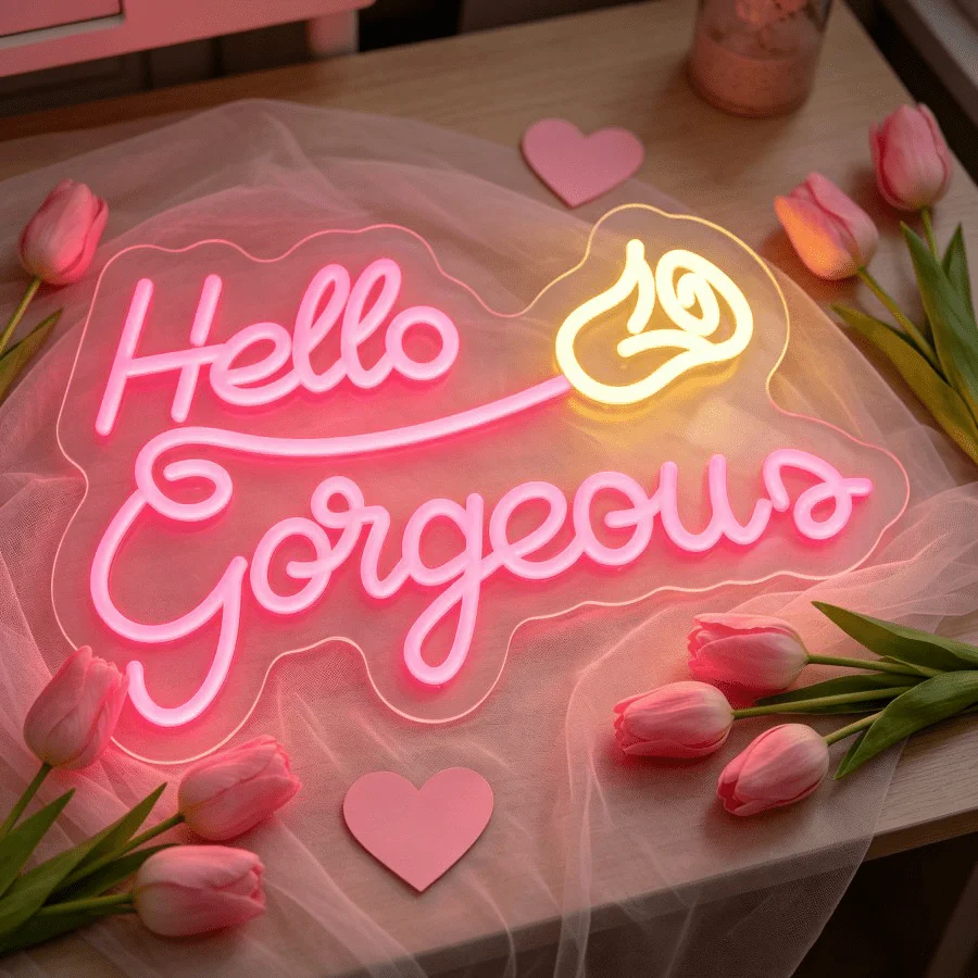 Hello Gorgeous Neon Sign USB Dimmable Wall Light for Bedroom Vanity Beauty Salon Birthday Party Bridesmaid Gift Spa Room Decor