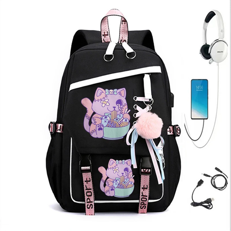 Fashion Cat Anime Backpack for Women Pastel Goth Cat Eating Ramen Cartoon Rucksack Teenager Student School Bag Girls Travel Bag