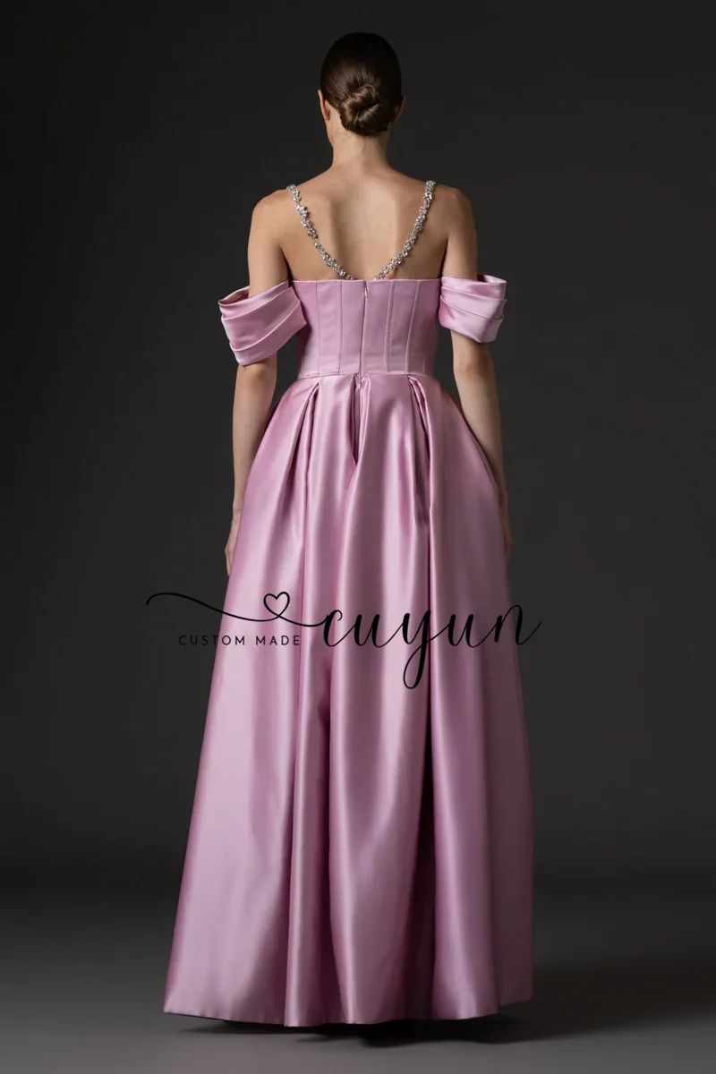 CUYUN, vestidos largos de graduación de satén de seda personalizados con hombros descubiertos, tirantes con cuentas, vestido de noche con abertura larga, vestidos de fiesta para cena de línea A