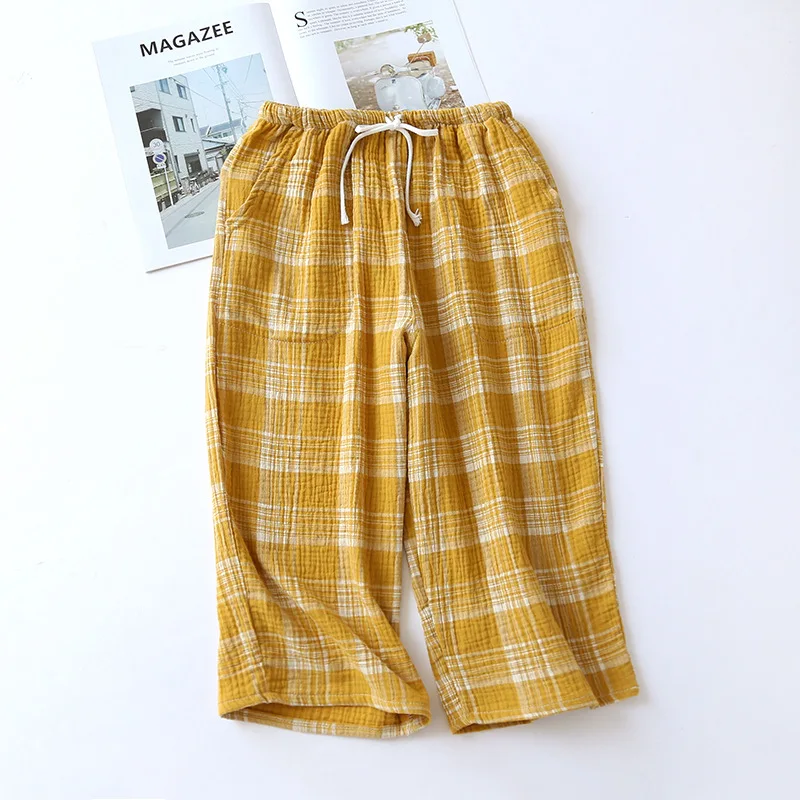 2024summer couple 100% cotton crepe cloth shorts multicolor large size loose plaid men\'s home pants cropped pants ladies bottoms