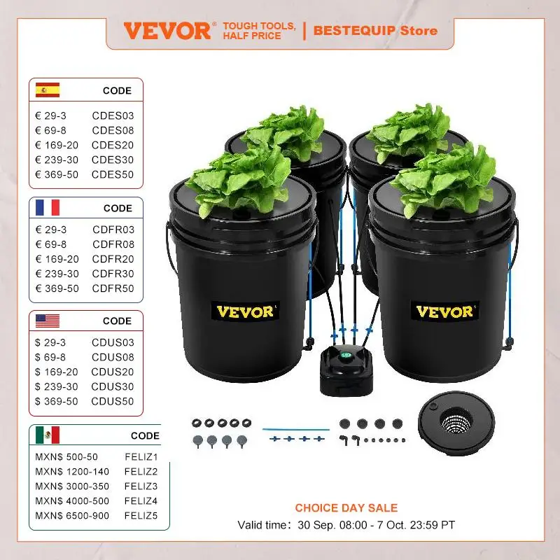 Sistema hidropônico dwc da cultura de água profunda de vevor hidroponia 5 galões 4 / 5 / 8 baldes sistemas hidropônicos, peças & acessórios