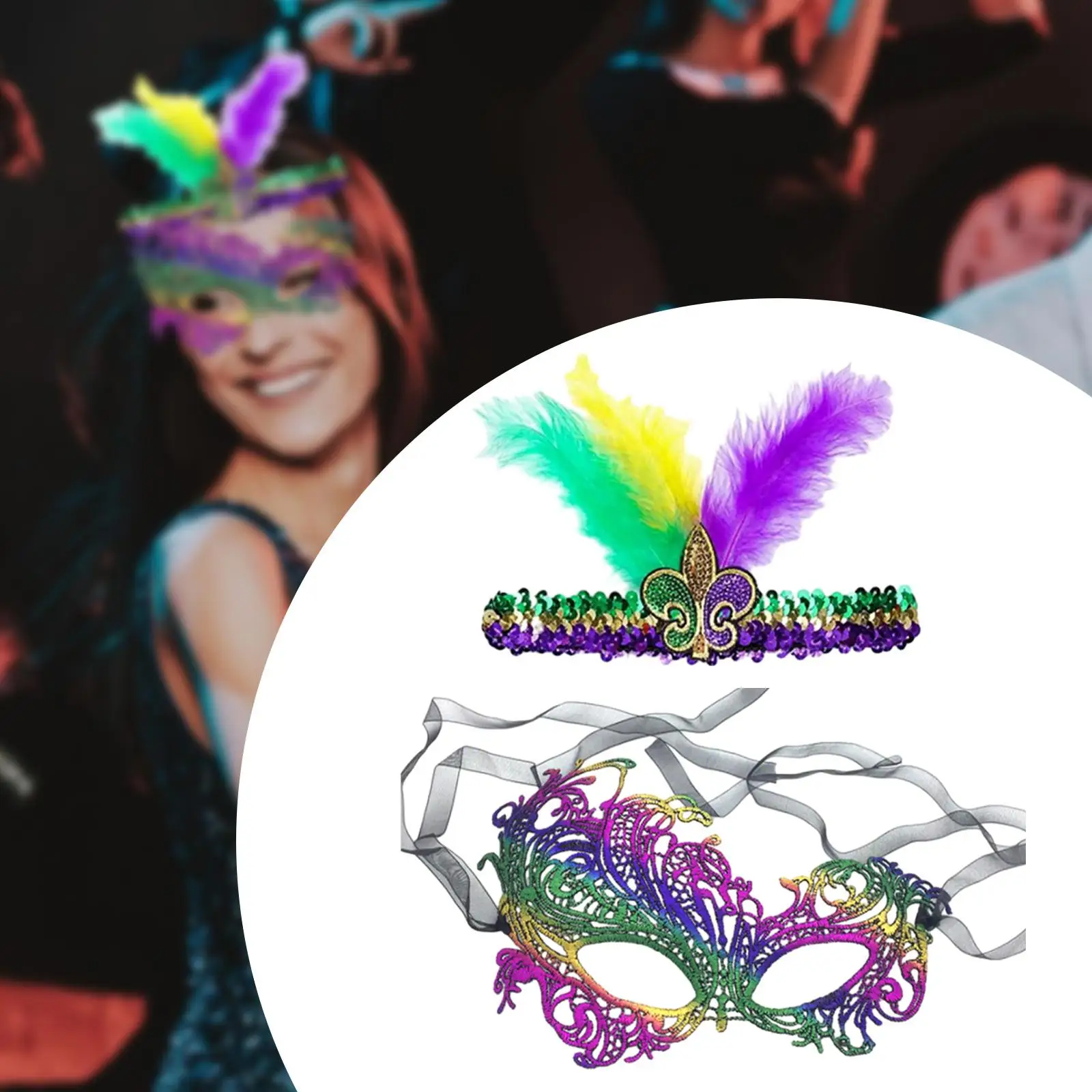 Masquerade Mask and Sequin Headband Decorative Mardi Gras Mask for Carnival Stage Performance Holiday Night Club Evening Party