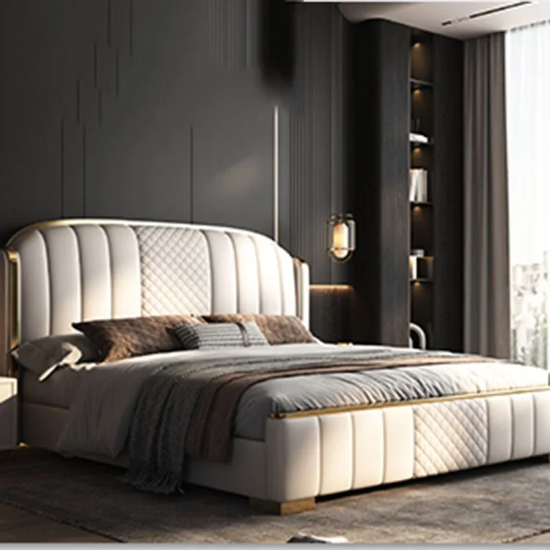 Leather Modern Simple Double Bed Velvet High End Sleeping Storage Double Bed Luxury Wooden Muebles Para Dormitorio Furniture