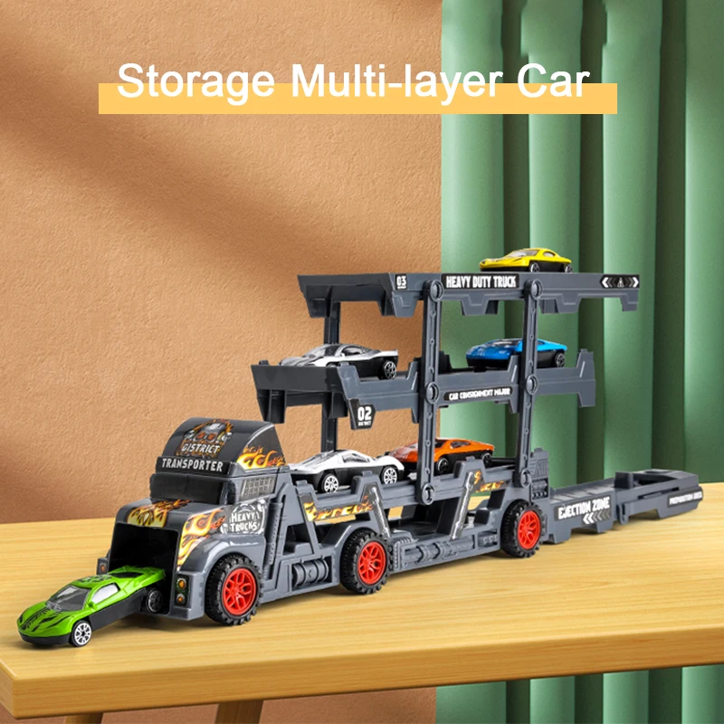 Toy Car Ejection Folding Truck Container Transporter Trailer Track Racing Playset For Kid Children Gift Model Car