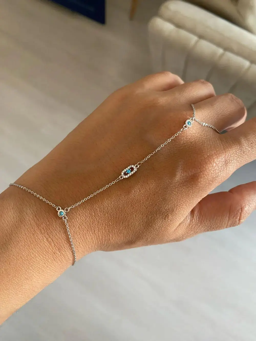 New Link Chain Ring Bracelets for Women Paved Turquoise and White Cubic Zirconia Gold Platinum Plated Color Fashion Jewelry