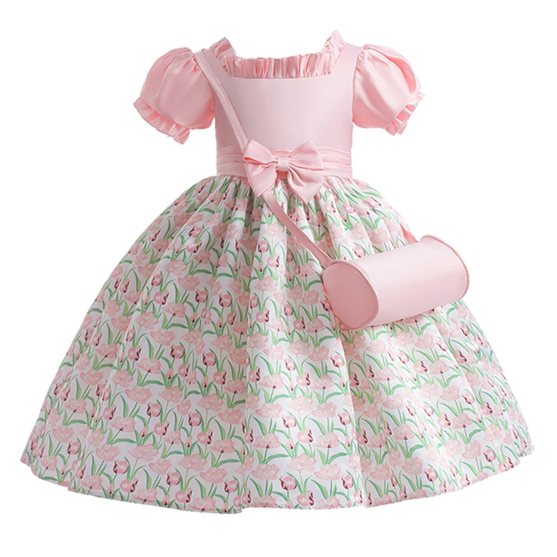 Summer Girls Dress With Bag Elegant Kid Floral Print Princess Party Dresses For Girl Children Costume Birthday Wedding Prom Gown