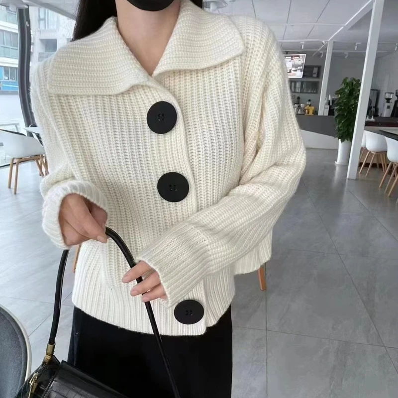 Women Knit Cardigan Women Solid Long Sleeve Loose Fashion Single-breasted Turn-Down Collar Sweater Coat