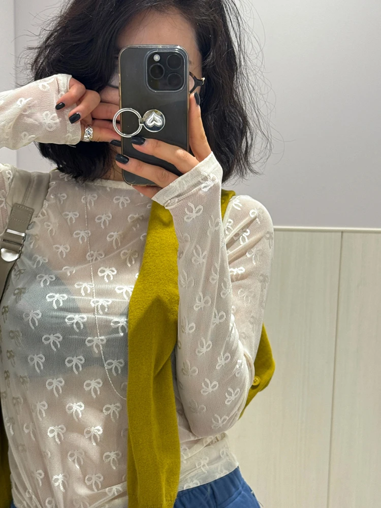 

Women's Lace Shirt Knot Hollow See-through Summer New Design Lightweight Chiffon Sun Protection Long Sleeve round Neck