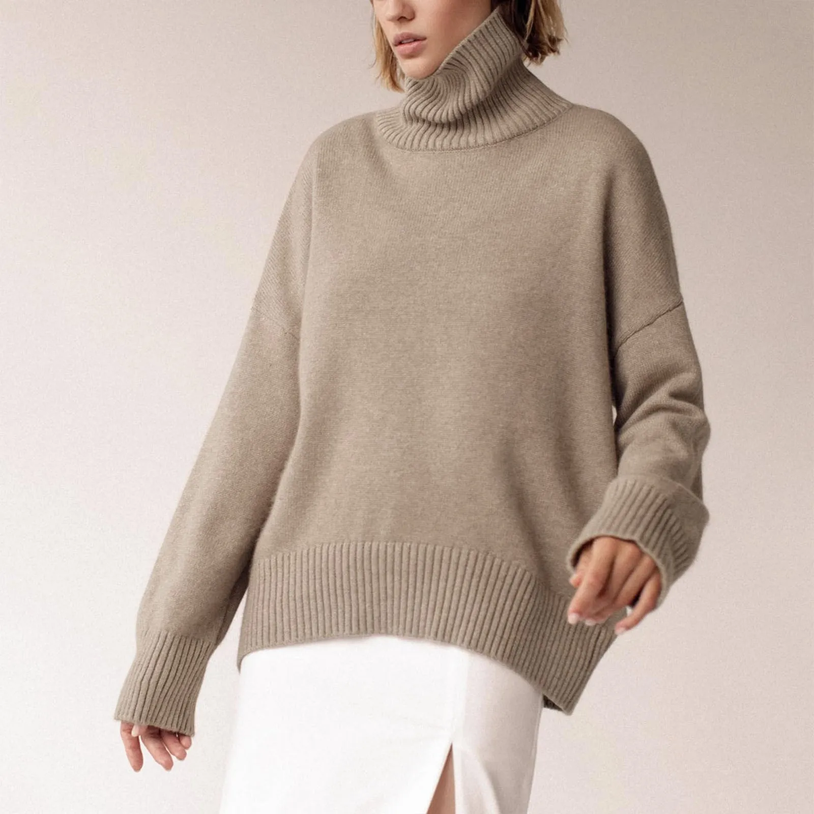 Women's Turtleneck Oversized Sweaters Long Sleeve Tunic Pullover Sweater Solid Color Female Knit Tops Autumn Winter Clothing