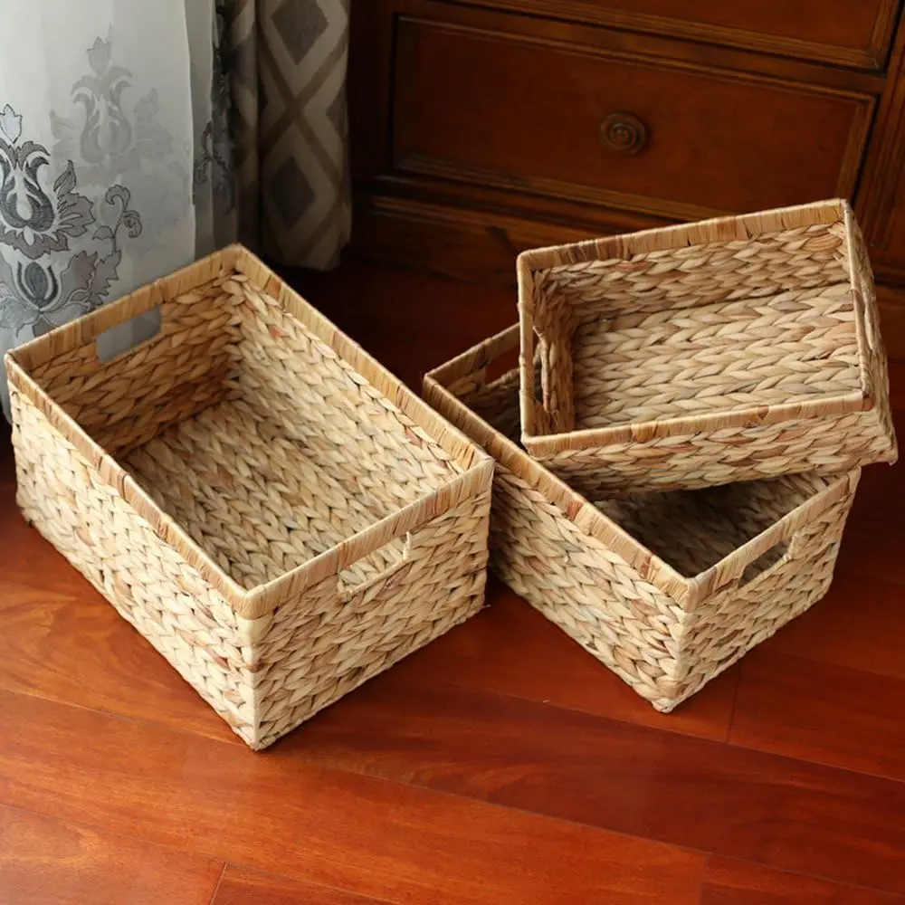 Handwoven Water Hyacinth Rectangular Storage Basket with Inside Handle, Large Size for Home Organization