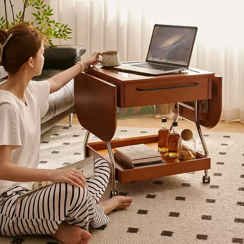 

Nordic solid wood folding coffee table cherry wood storage mobile cart medieval furniture