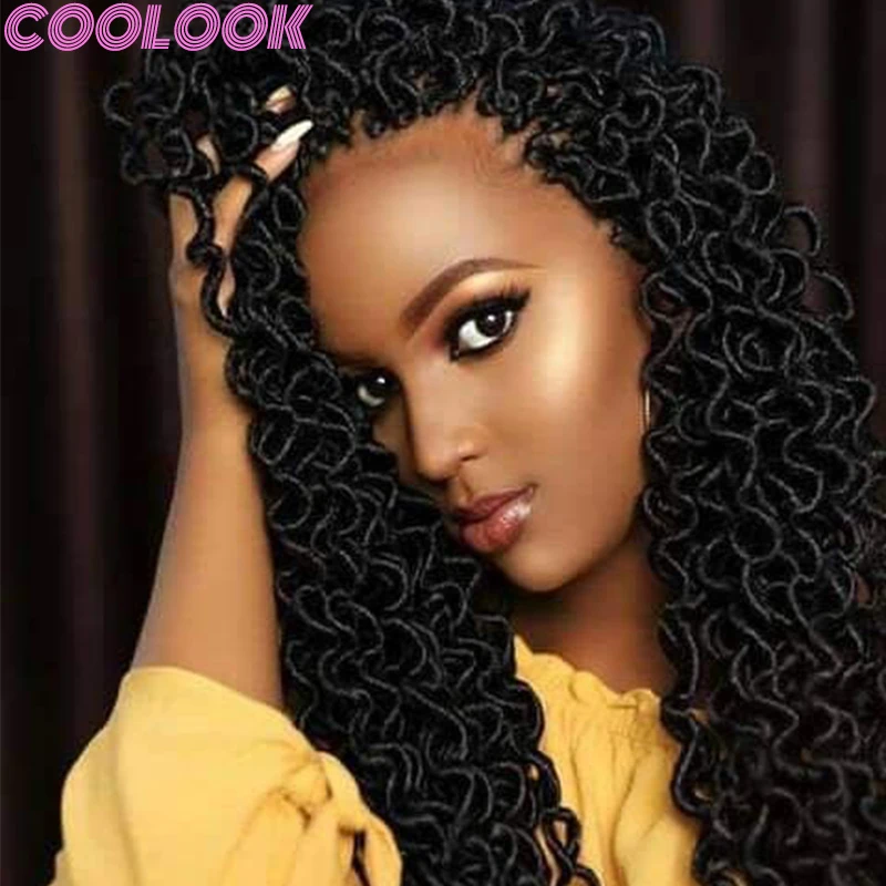 Synthetic Goddess Faux Locs Braided Wig 22inch Black Crochet Full Lace Twist Braid Wigs Pre-Looped Extension Wavy End Braids Wig