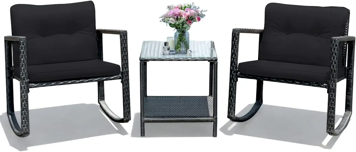 3 Pieces Patio Wicker Rocking Bistro Set w/Cushioned Seat, Conversation Set w/Coffee Table and Storage Shelf