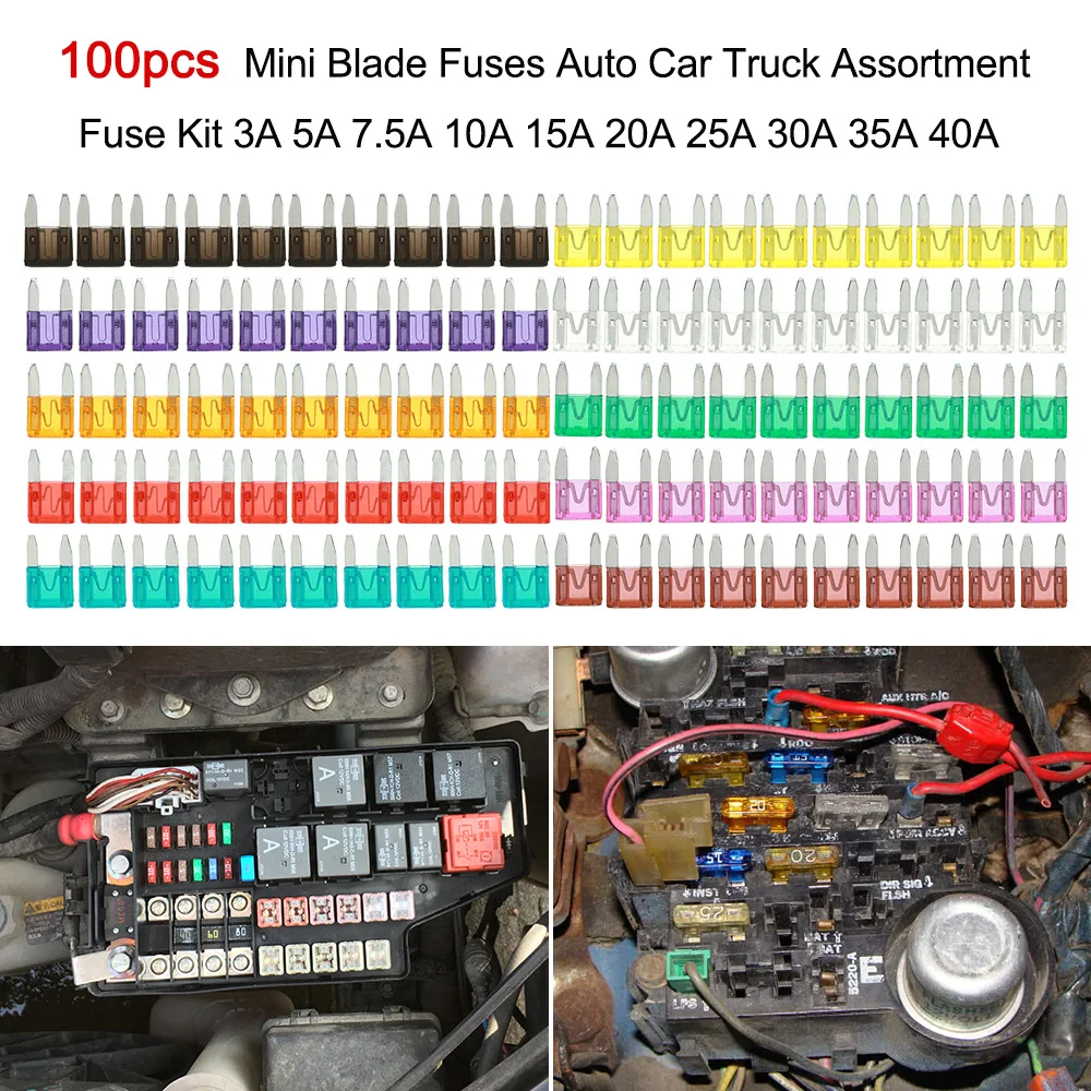 100pcs Mini Blade Fuses Auto Car Truck Assortment Fuse Kit 40A 3A 5A 7.5A 10A 15A 20A 25A 30A 35A for Cars Motorcycle Boat Home