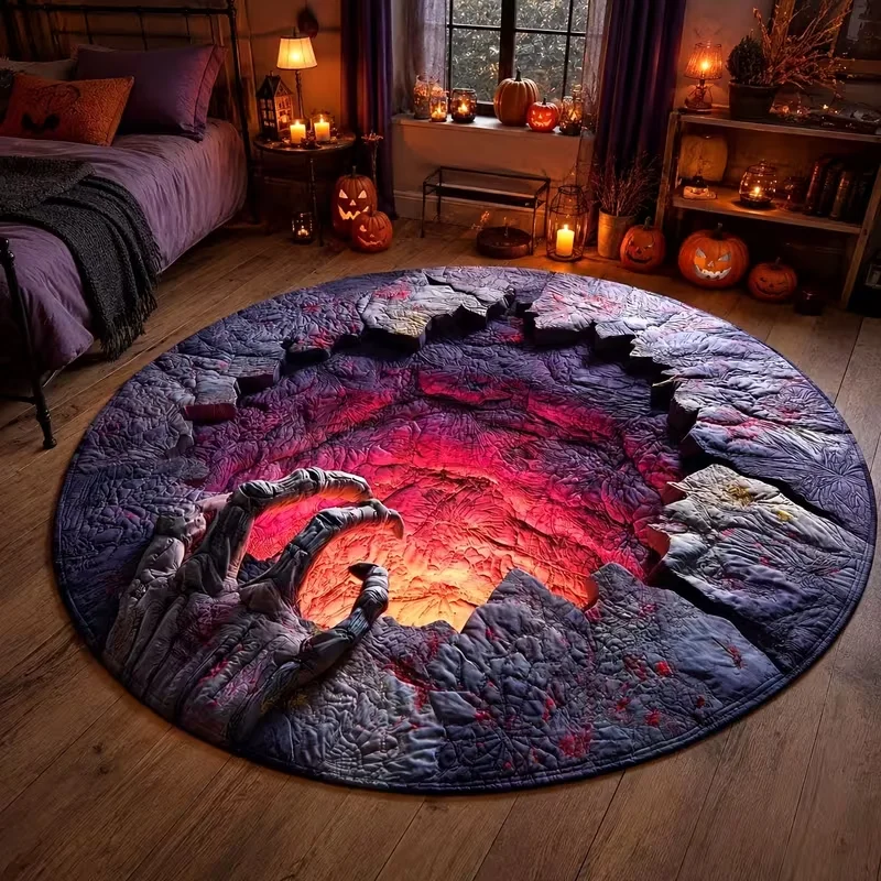 Round Halloween 3D Cracked Ground Area Rug, Zombie Hand Lava Crack Quilted Visual Print Indoor Home Floor Mat