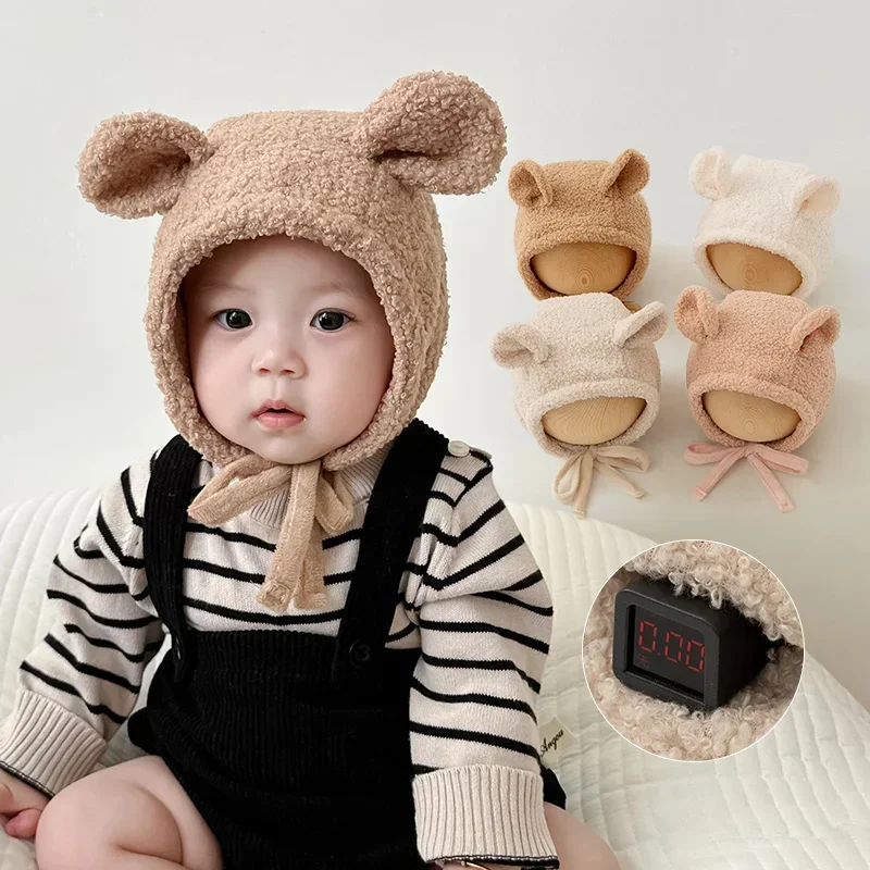 

Newborn Baby Unisex Winter Beanie - Cute Lamb Ears Lamb Fleece Solid Color Windproof Warm Earmuffs Hat