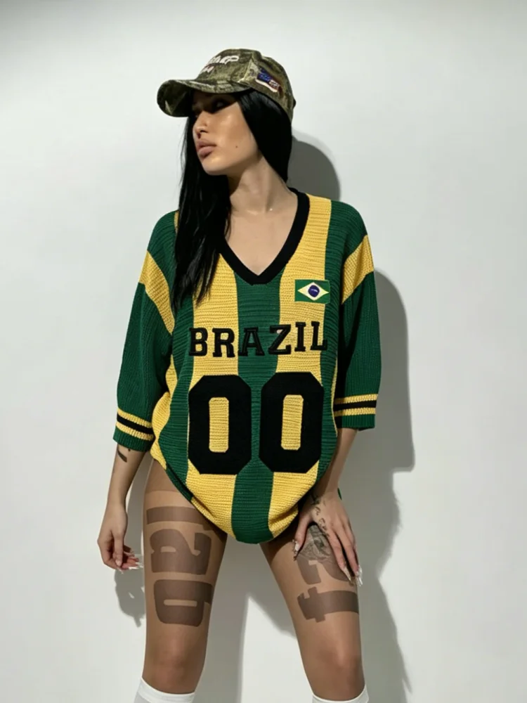 Y2K World Cup Themed Striped Knit Midi T Shirt Dress Brazil Flag Oversized Cover Up