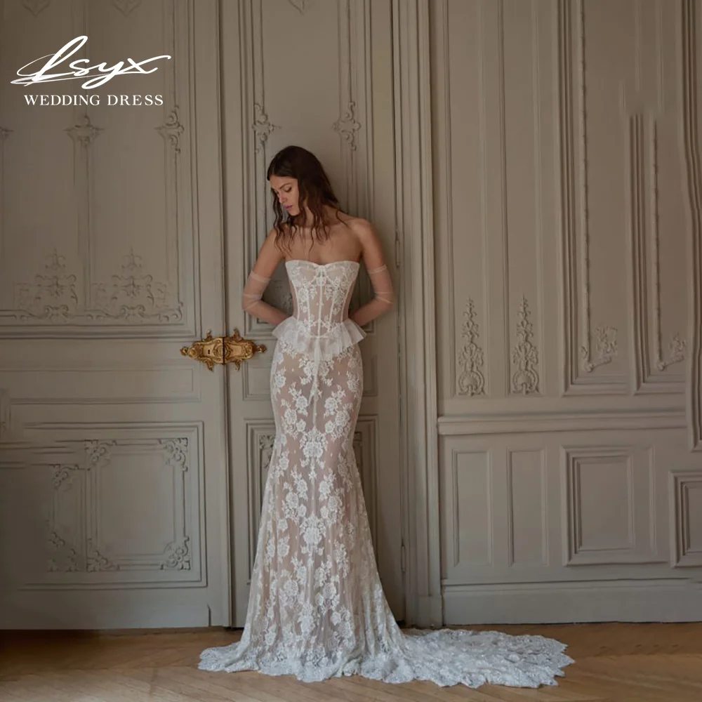 

LSYX кружевной корсет без бретелек, свадебные платья с рюшами и баской на талии, прозрачные перчатки с силуэтом русалки, свадебное платье с длинным шлейфом