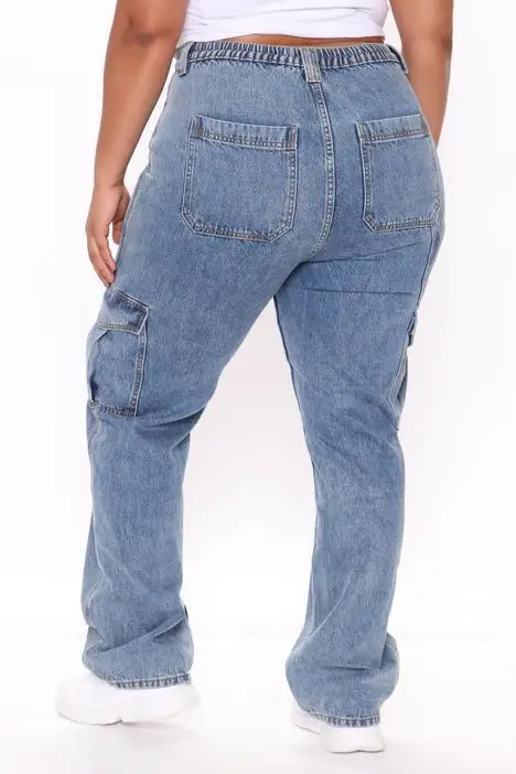 Blau Alle-spiel Jeans Frau Casual Hohe Taille Gerade Dünnes Vintage Büro Dame Cargo Hosen Breites Bein Denim Hosen mit Tasche