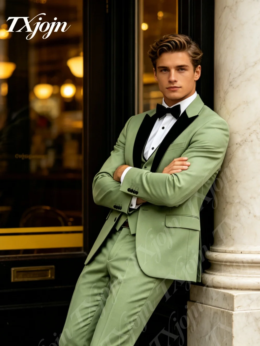 

Modern Sage Green 3PCS Tuxedo Suit 2026 For Men With Black Peak Lapel Formal Slim Fit Outfit For Groom Wedding Prom And Banquet