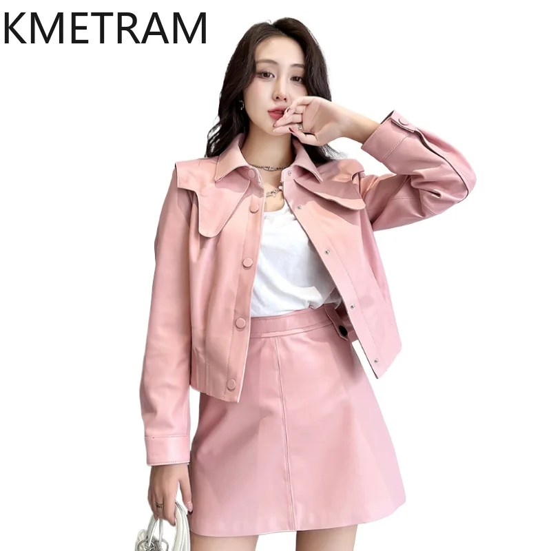 طبقة علوية حقيقية من سترات من جلد الغنم سترة نسائية من الجلد الطبيعي وتنورة بدلة على الموضة ملابس خريفية للنساء 2025 doblianка femenska