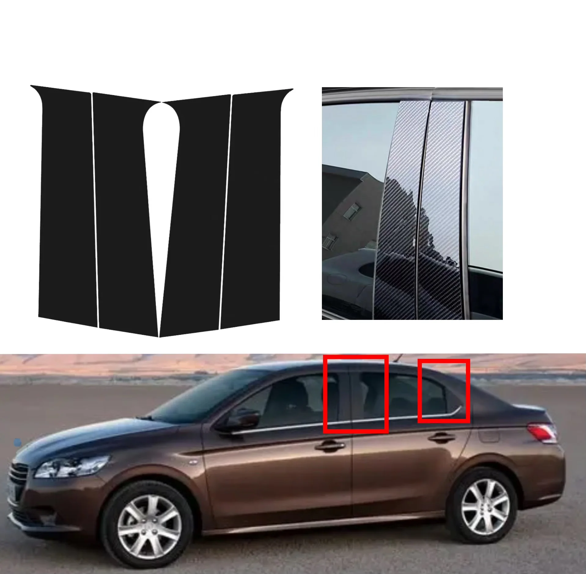 

4PCS Gloss Black Pillar Posts Silver Carbon Fit For Peugeot 301 2014-2019 Window Decor Door Side Mouliding Trim Cover