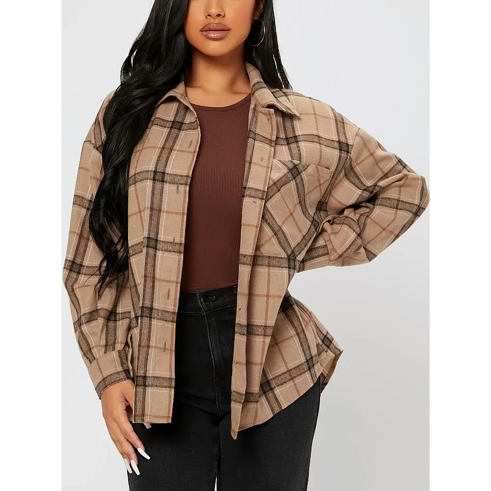 

Plus Size 1XL-5XL New Summer Women's Plaid-Print Placket Shirt With Lapel Collar Ladies Casual Long Sleeves Blouse Shirt Top