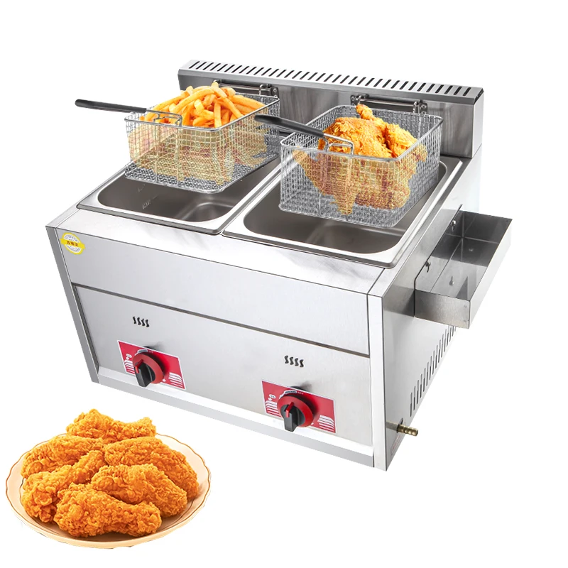 

Hot Sale Double Tank Gas Fryer Machine French Fries Fried Chicken Fryer Stainless Steel Catering Equipment