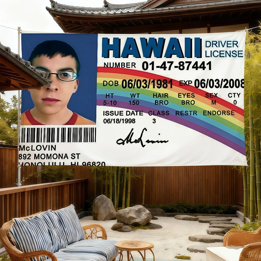 S-Superbad Mclovin ID Engraçado Banner de Decoração de Parede com Bandeira dos EUA para Quarto, Dormitório, Acampamento, Piquenique, Estilo Artístico, Garagem, Bar