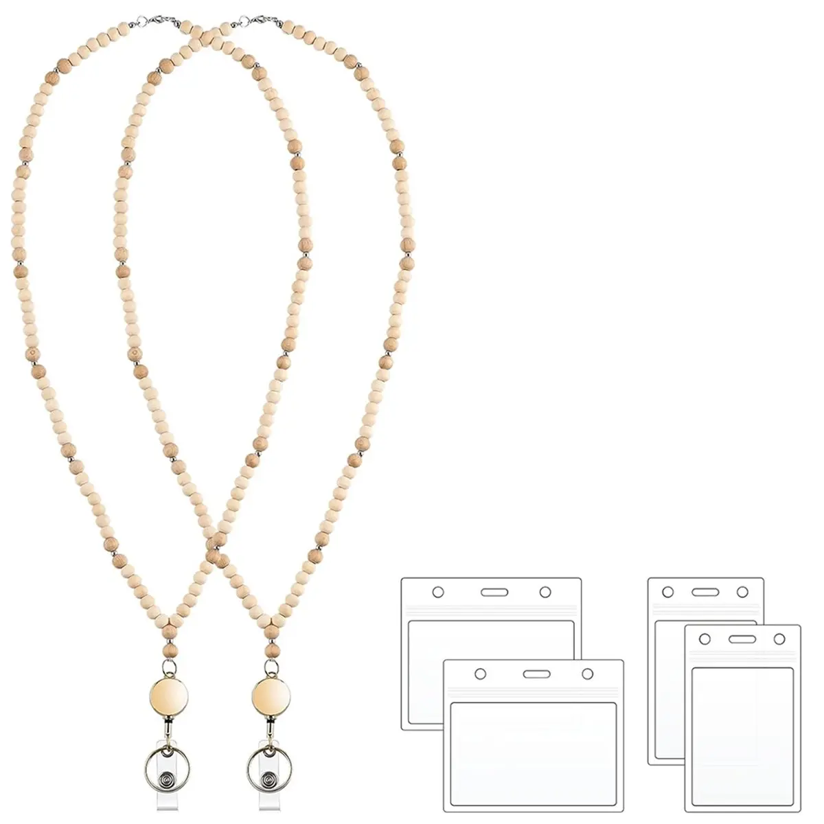 【New User-Coupon!】Elegant Wooden Beaded Lanyards for ID Badges, 2 Pack with Retractable Reel for Women and Teachers
