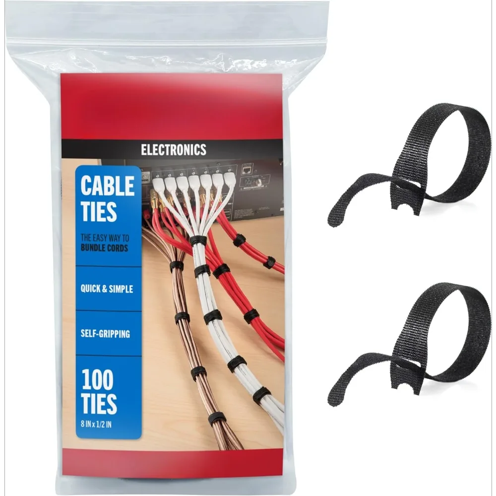 Cable tie, 100Pk, 8 x 1/2 "black cord tissue tie, thin pre-cut design for organizing homes