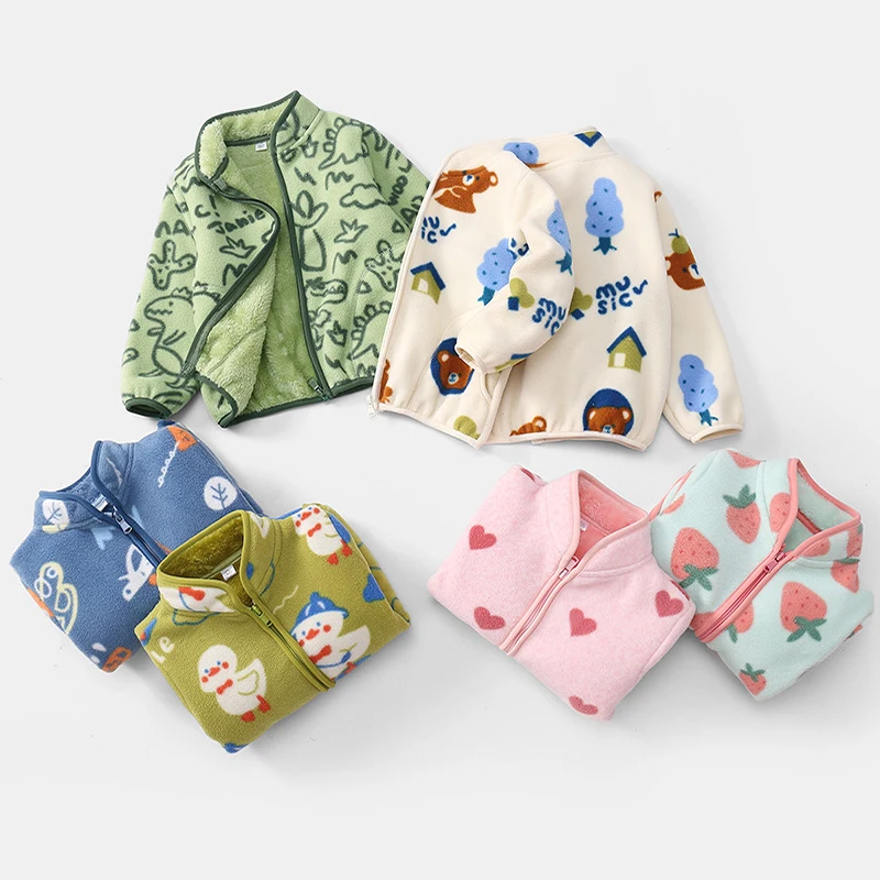 Cute Cartoon Print Kids Sherpa Lined Fleece Coat Zipper Up Warm Polar Fleece Outerwear Toddler Boys Girls Autumn Winter Jacket