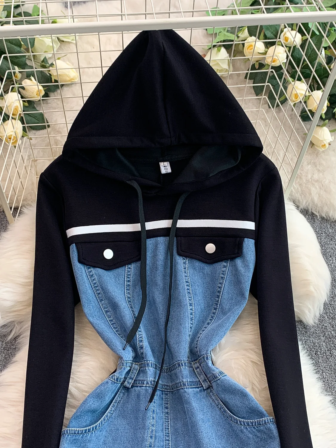 Elegancka koreańska spódnica damska z kapturem, wyszczuplająca, patchworkowa, jesienno-zimowa, z wysokim stanem, w paski, długa, modna, do pracy.