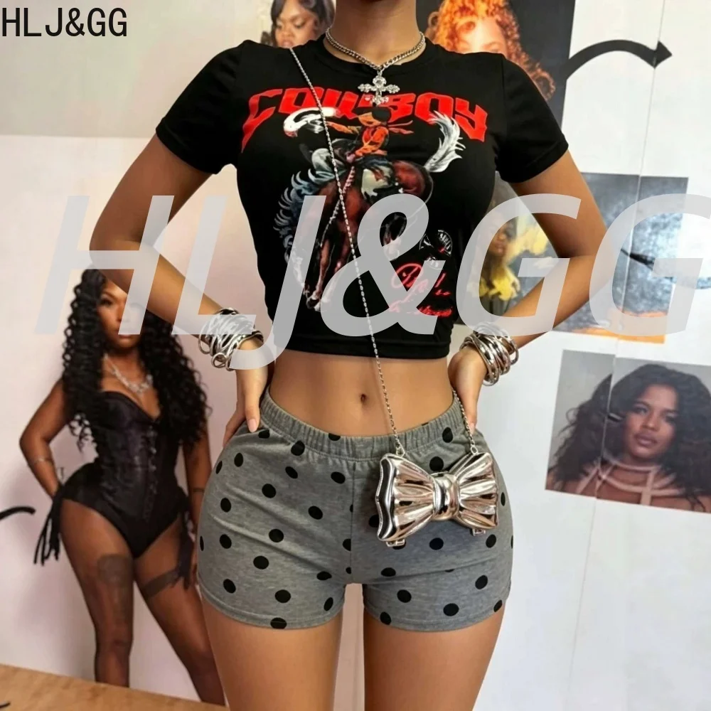 HLJ&GG Trend Y2K Pattern Letter Print Tshirts Two Piece Sets Women O Neck Sleeveless Top And Polka Dot Shorts Outfits Streetwear