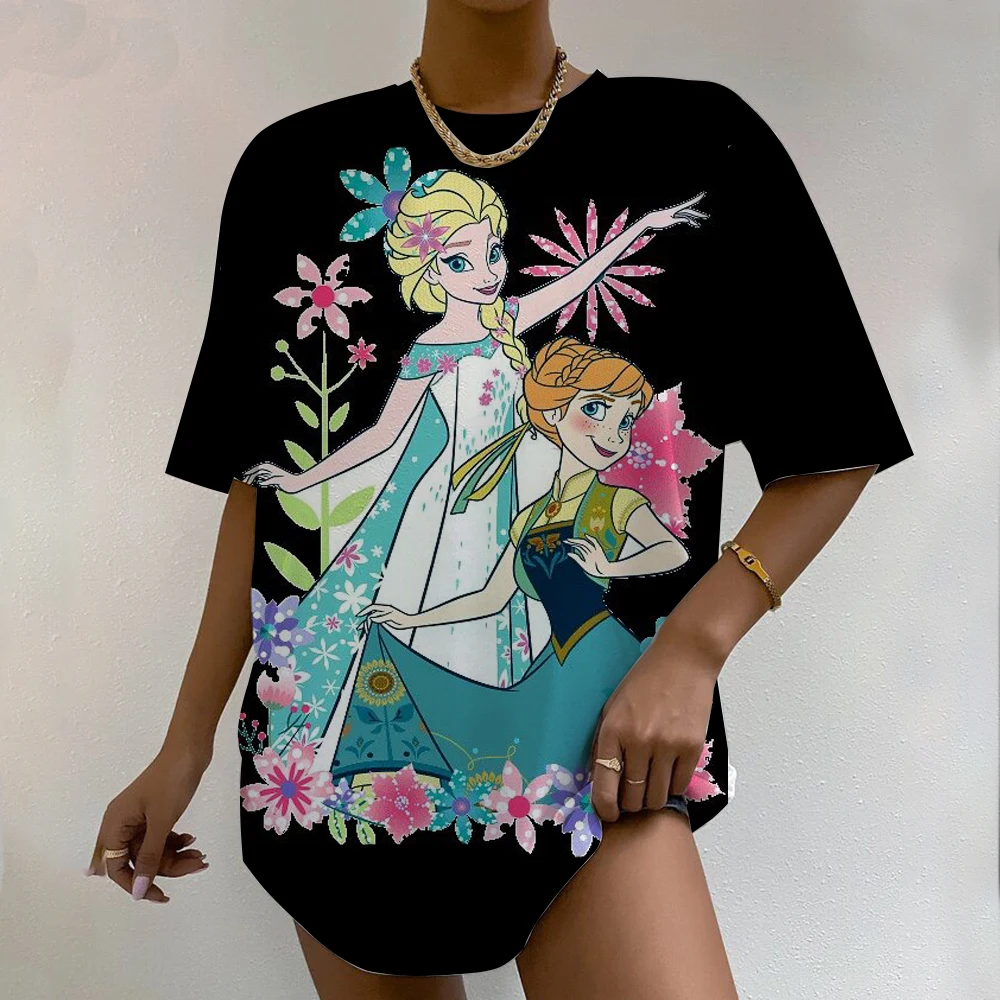 Disney Princess Print T-Shirt mit Rundhalsausschnitt, lässiges Kurzarm-T-Shirt für Sommer-Damenbekleidung, bequeme, weiche, kreative Oberteile