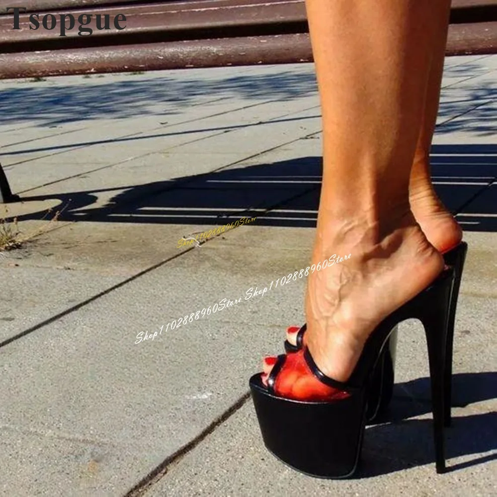 Zapatillas poco profundas de plataforma roja Para mujer, Zapatos de tacón alto sin cordones con punta abierta, a la moda, 2024