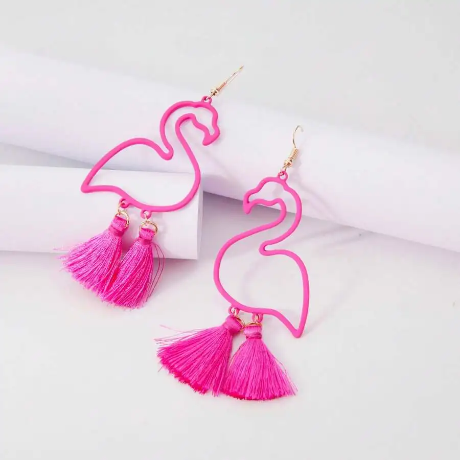 Hot Pink Flamingo Outline Earrings With Dual Tassels For Adults