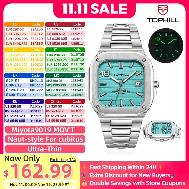 

TOPHILL Automatic Square watch Naut-style For cubitus Ultra-Thin movement Large date 39mm Sapphire 5ATM