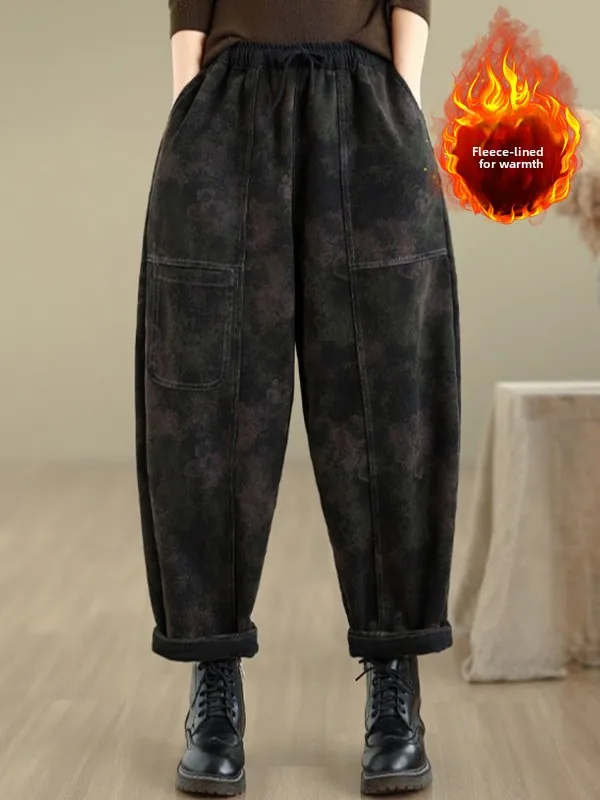 الرجعية فيتي Fce اصطف Thiened الجينز مرونة الخصر سراويل تقليدية التخسيس واسعة الساق السراويل هارلان حجم كبير الملابس النسائية